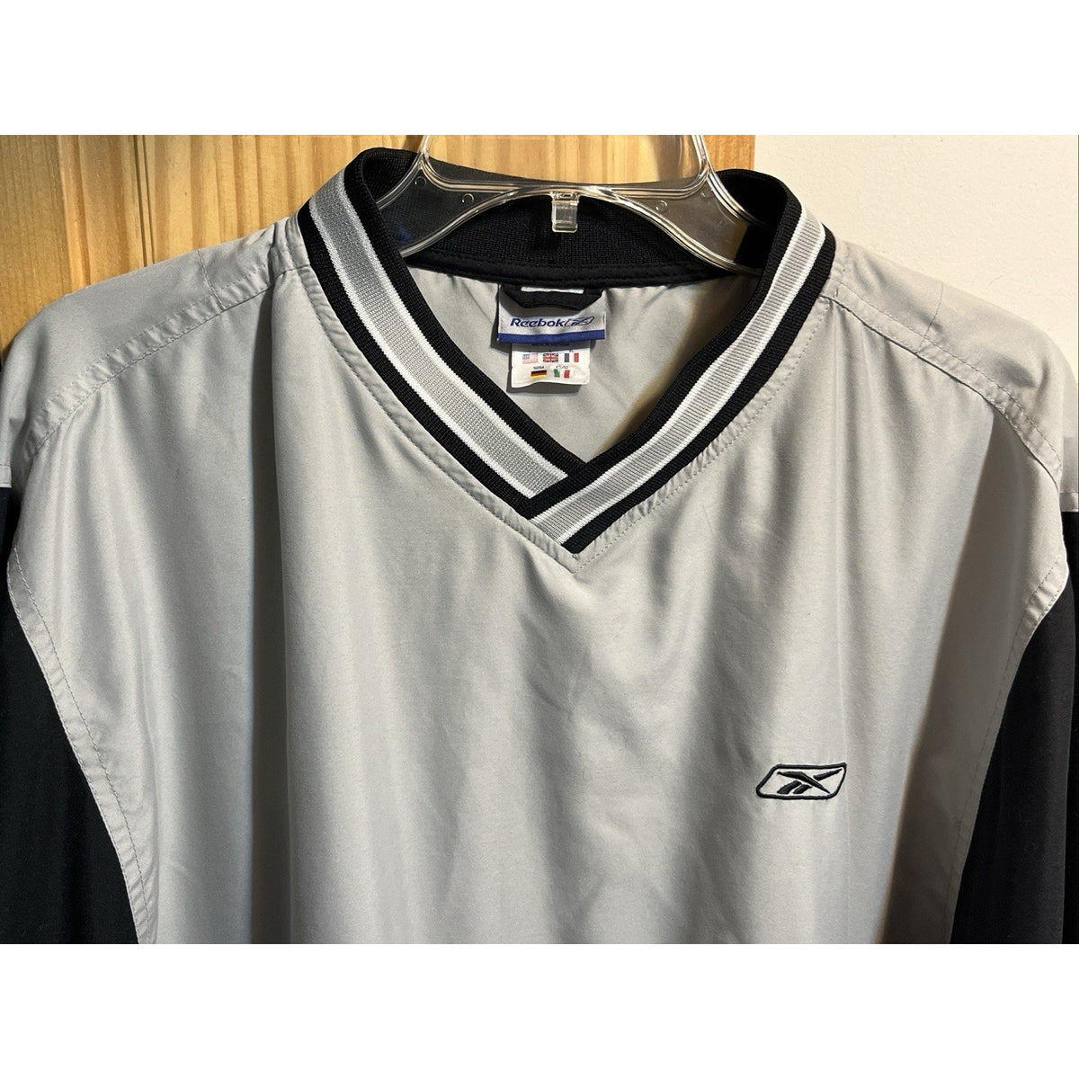 Vintage Reebok Pullover Jacket Mens L Gray Black LS Windbreaker V Neck Retro 90s
