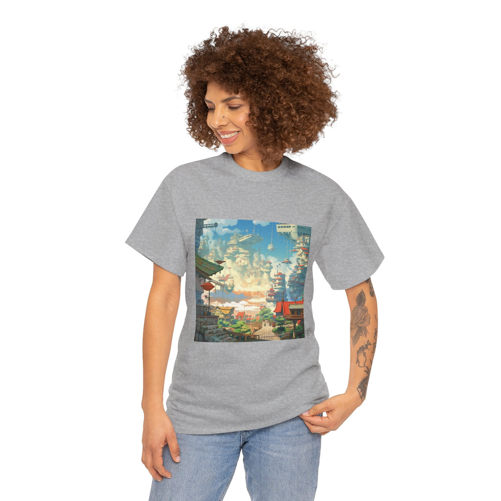 Studio Ghibli Style City Landscape Graphic Print Unisex Heavy Cotton Tee Shirt