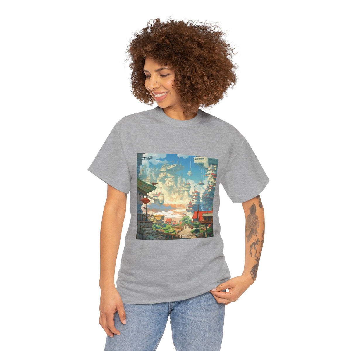 Studio Ghibli Style City Landscape Graphic Print Unisex Heavy Cotton Tee Shirt