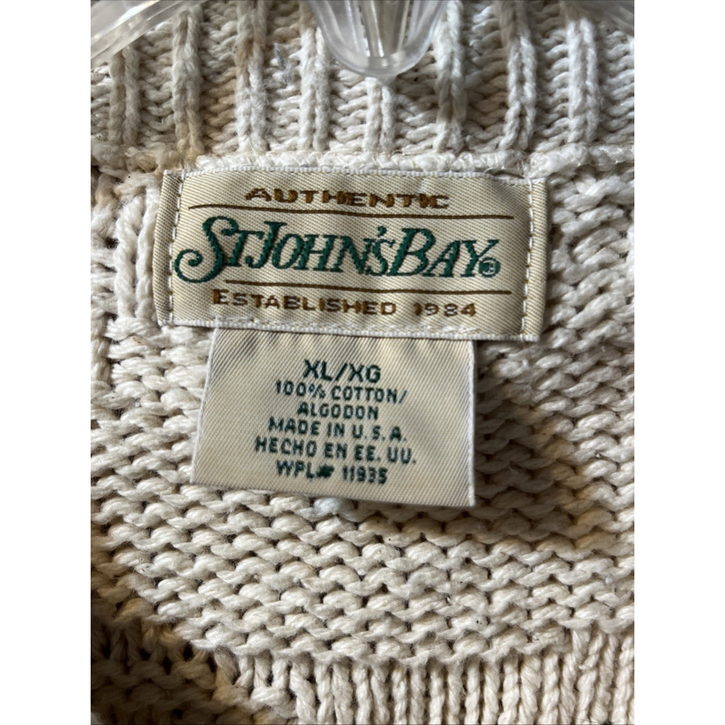 Vintage 90s St Johns Bay Knit Sweater XL White Deer Embroidered Nature USA