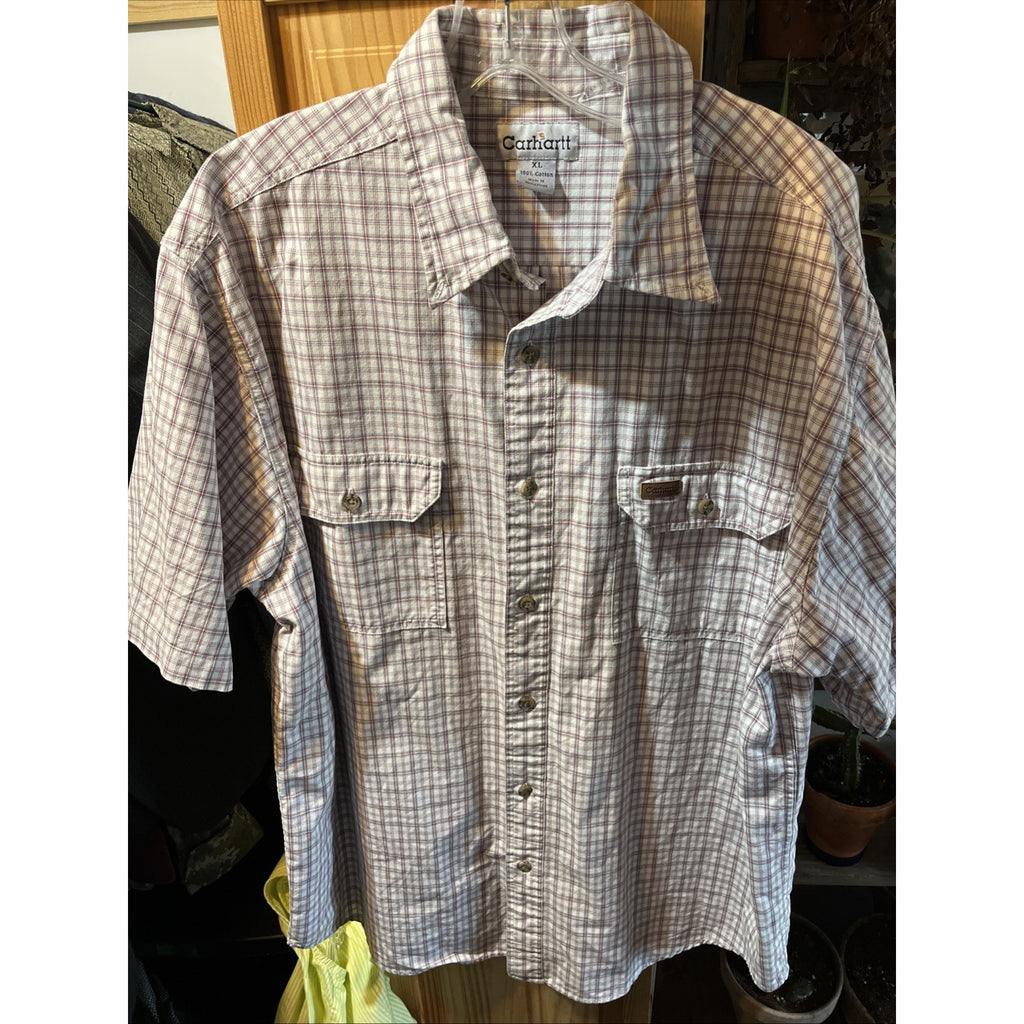 Carhartt Shirt Men’s XL White Checkered Plaid Short Sleeve Button Up Cotton Work