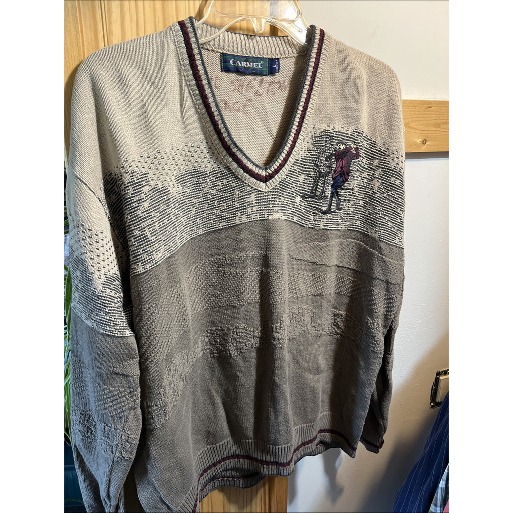 Vintage 90s Carmel Golf Embroidered Pullover Knit Sweater Size L Gray Beige USA