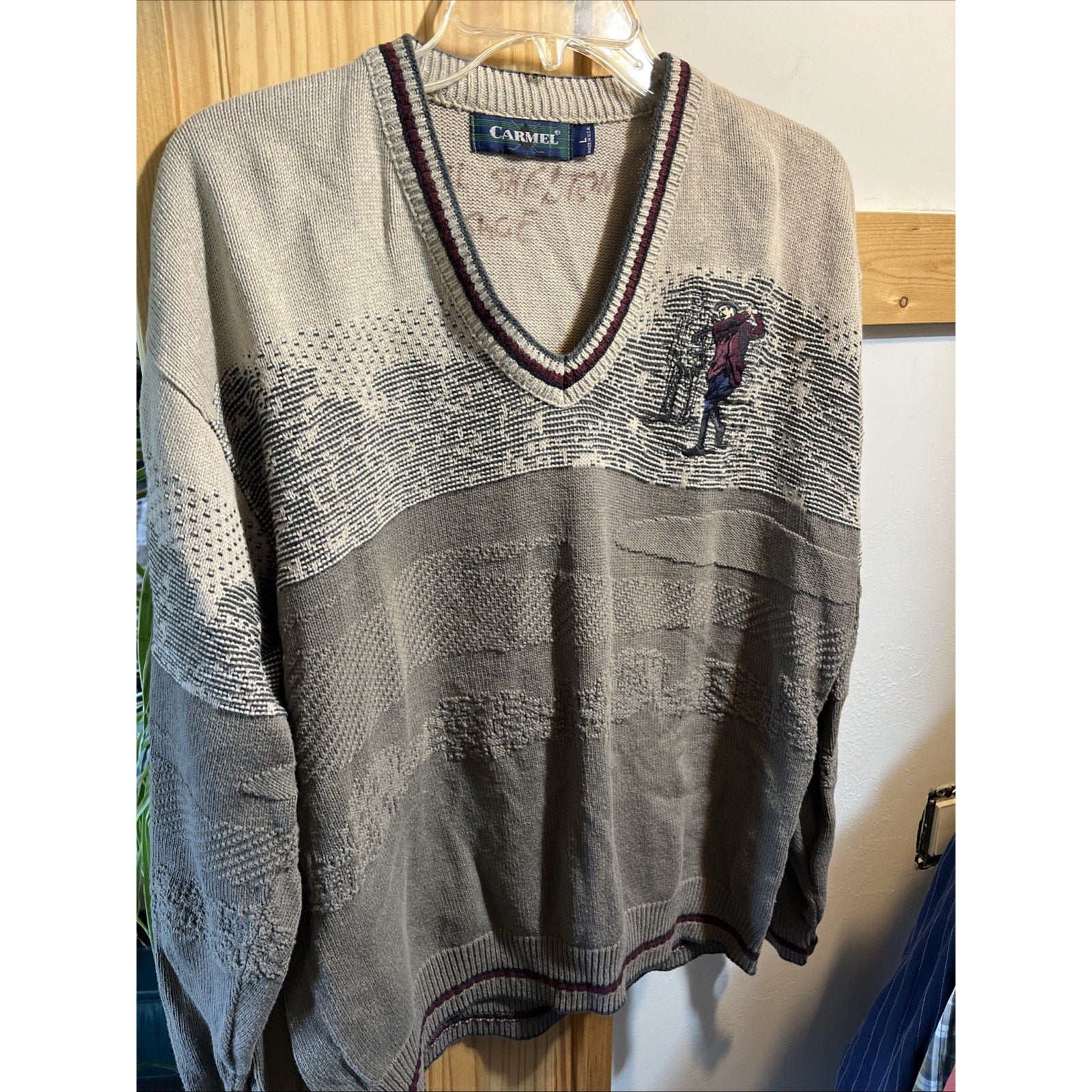 Vintage 90s Carmel Golf Embroidered Pullover Knit Sweater Size L Gray Beige USA