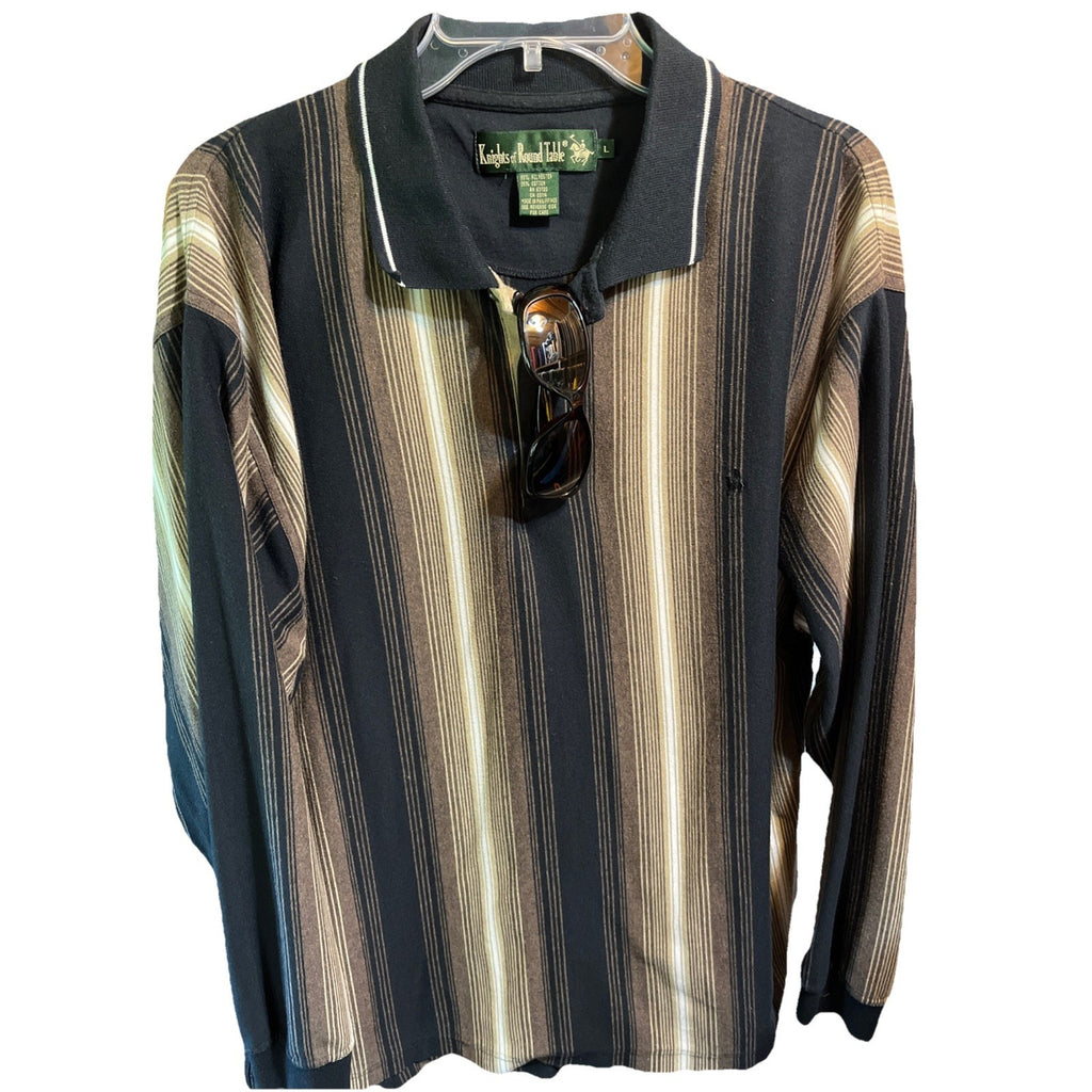 VTG Knights Round Table Shirt Adult M Polo LS Stripes Black Brown Tony Soprano