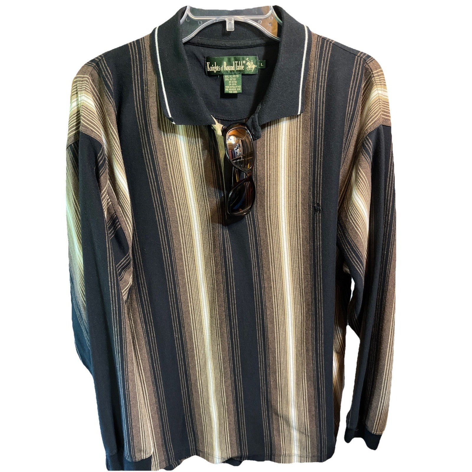 VTG Knights Round Table Shirt Adult M Polo LS Stripes Black Brown Tony Soprano
