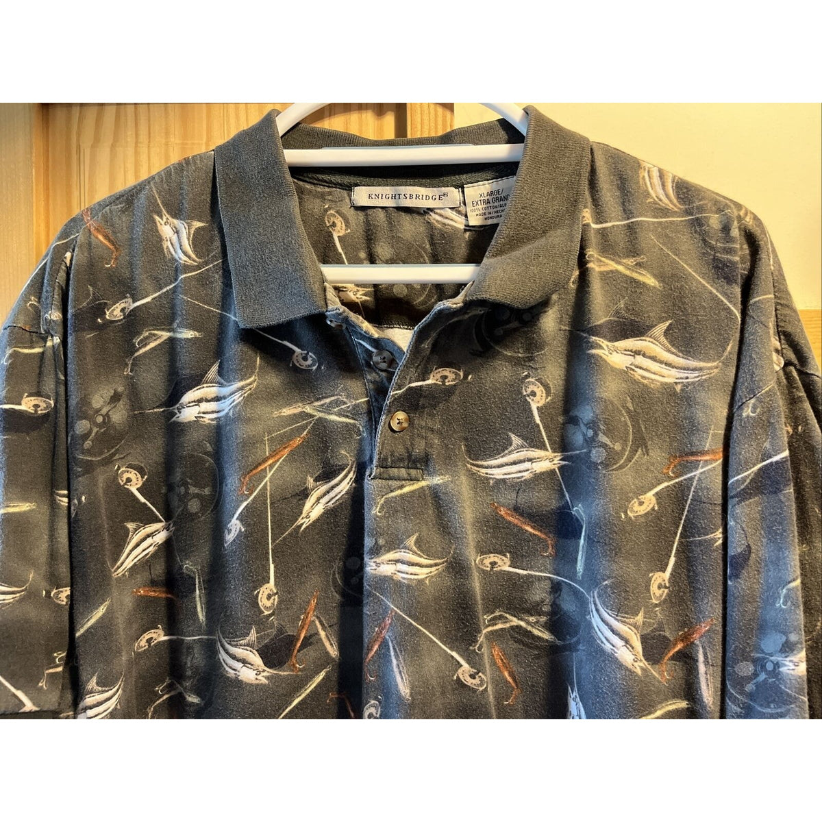 Knightsbridge VTG Shirt Mens Polo Gray Shirt Sz XL Fishing Flyrod EUC Swordfish