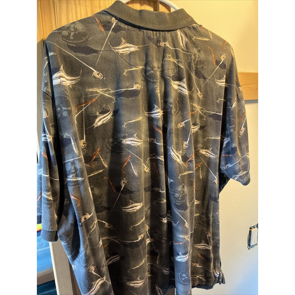 Knightsbridge VTG Shirt Mens Polo Gray Shirt Sz XL Fishing Flyrod EUC Swordfish