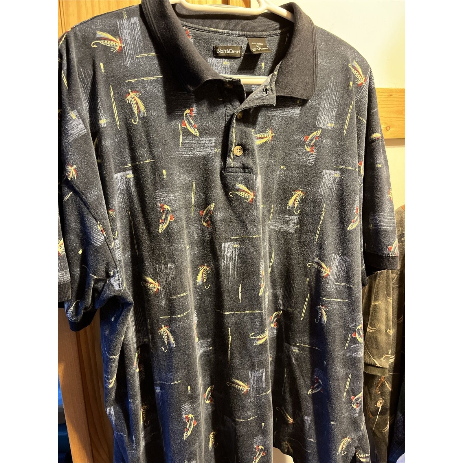 North Crest VTG Polo Shirt Men’s XL Navy Blue Fly Fishing Print SS Cotton Button