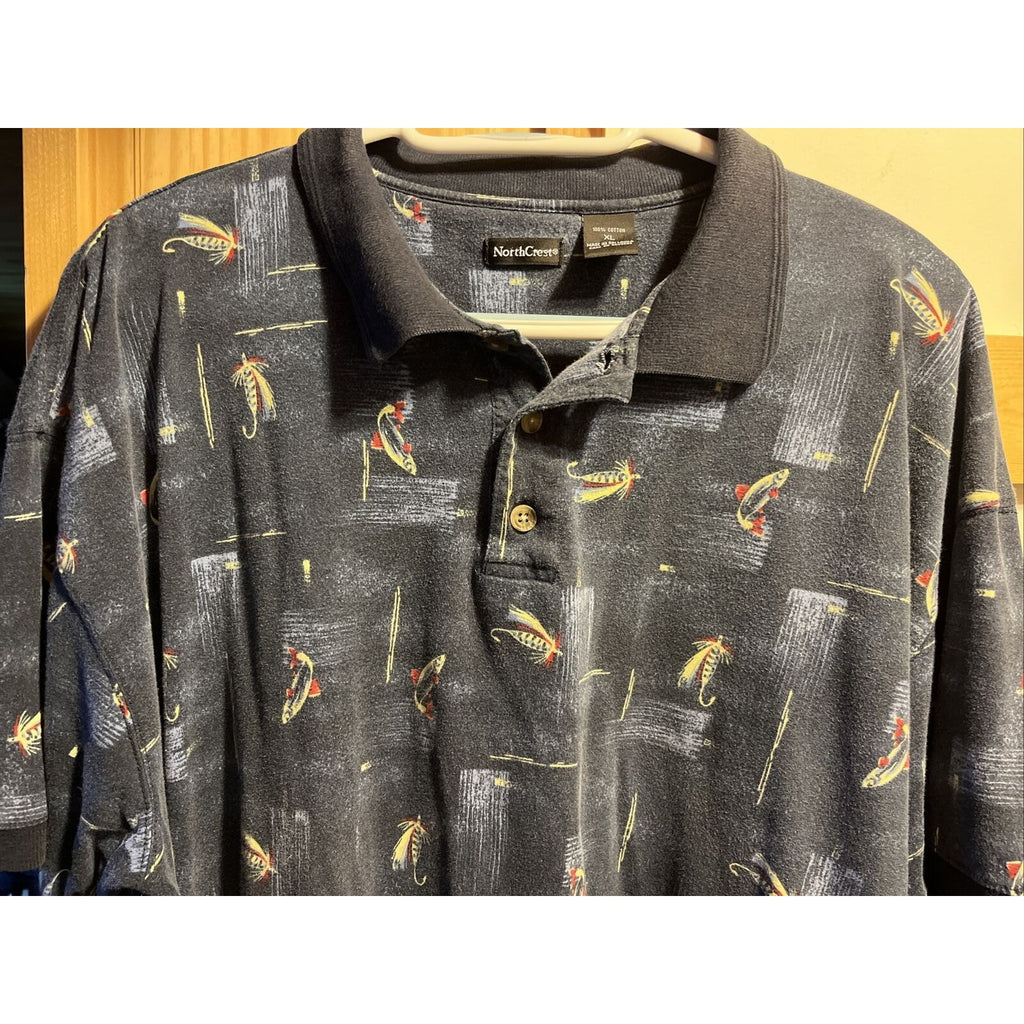 North Crest VTG Polo Shirt Men’s XL Navy Blue Fly Fishing Print SS Cotton Button