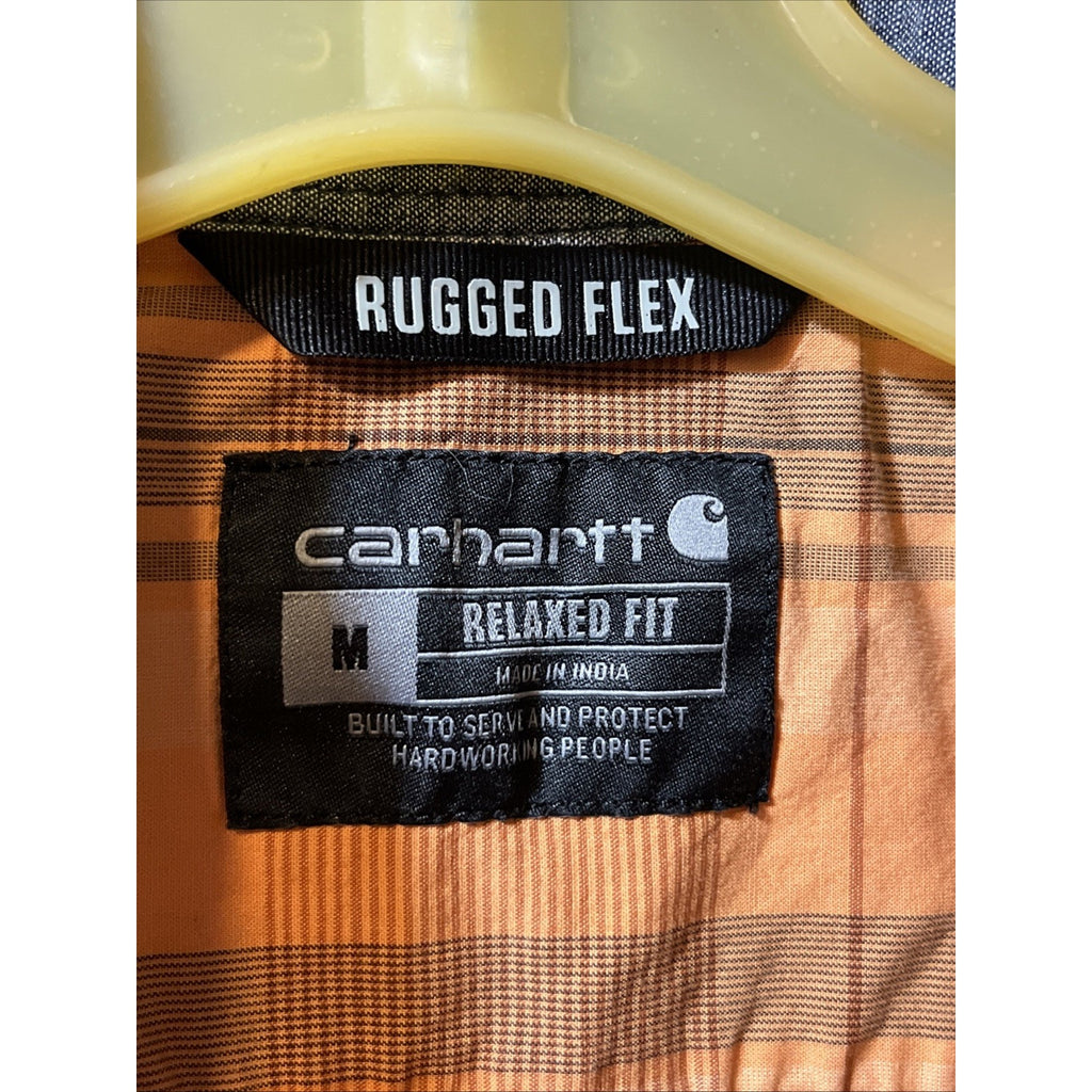 Carhartt Shirt Mens M Orange Plaid Rugged Flex Short Sleeve Button Hiking Fishin