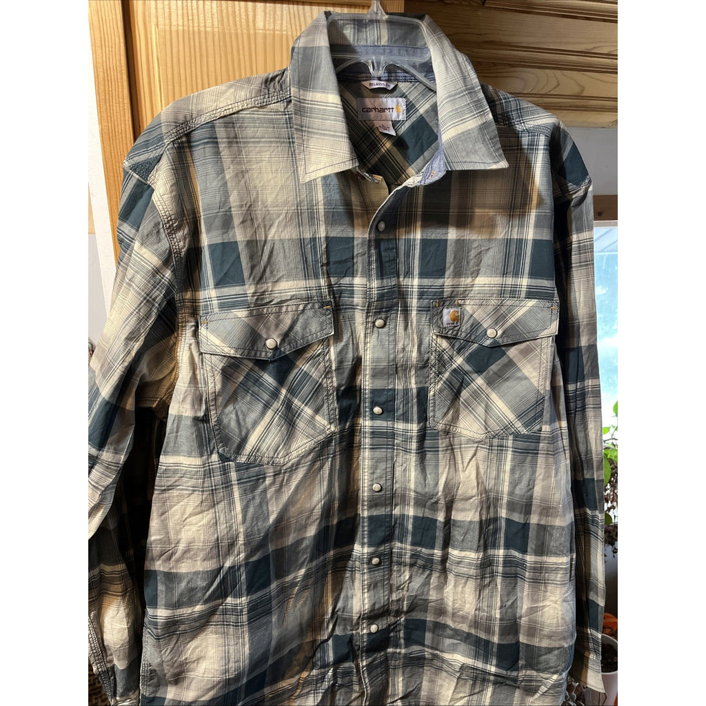 Carhartt Shirt Men L Blue Plaid Outdoor Relaxed Fit Snap Button Workwear Western