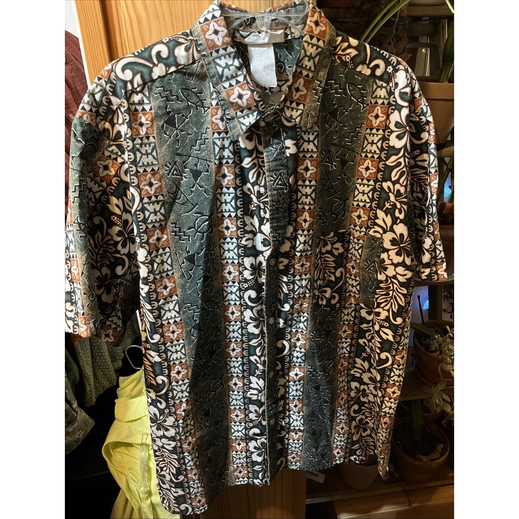 Malihini Vintage Men’s XXL Green Tribal Short Sleeve Button Up Hawaiian Shirt