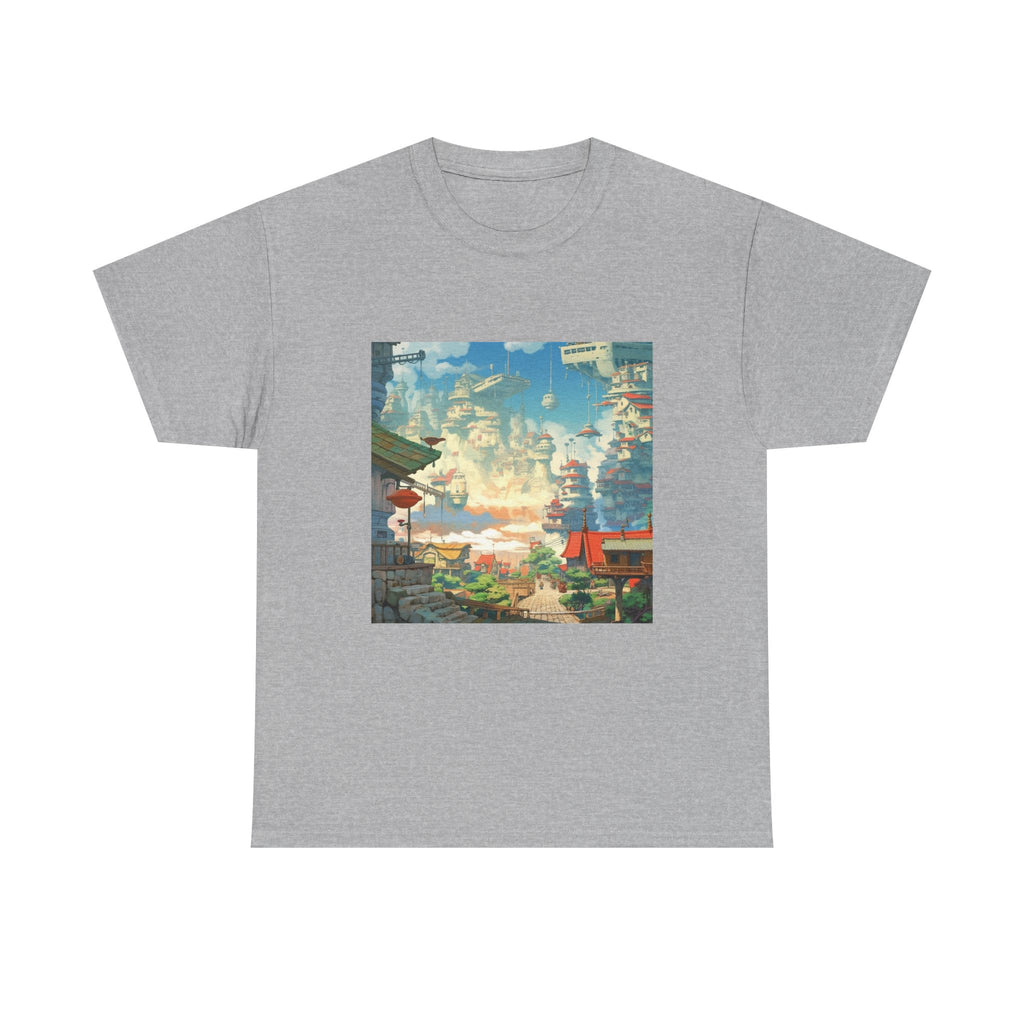 Studio Ghibli Style City Landscape Graphic Print Unisex Heavy Cotton Tee Shirt