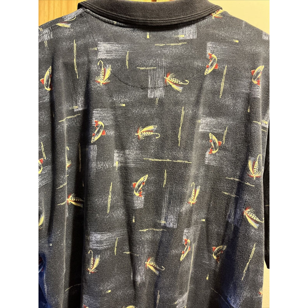 North Crest VTG Polo Shirt Men’s XL Navy Blue Fly Fishing Print SS Cotton Button