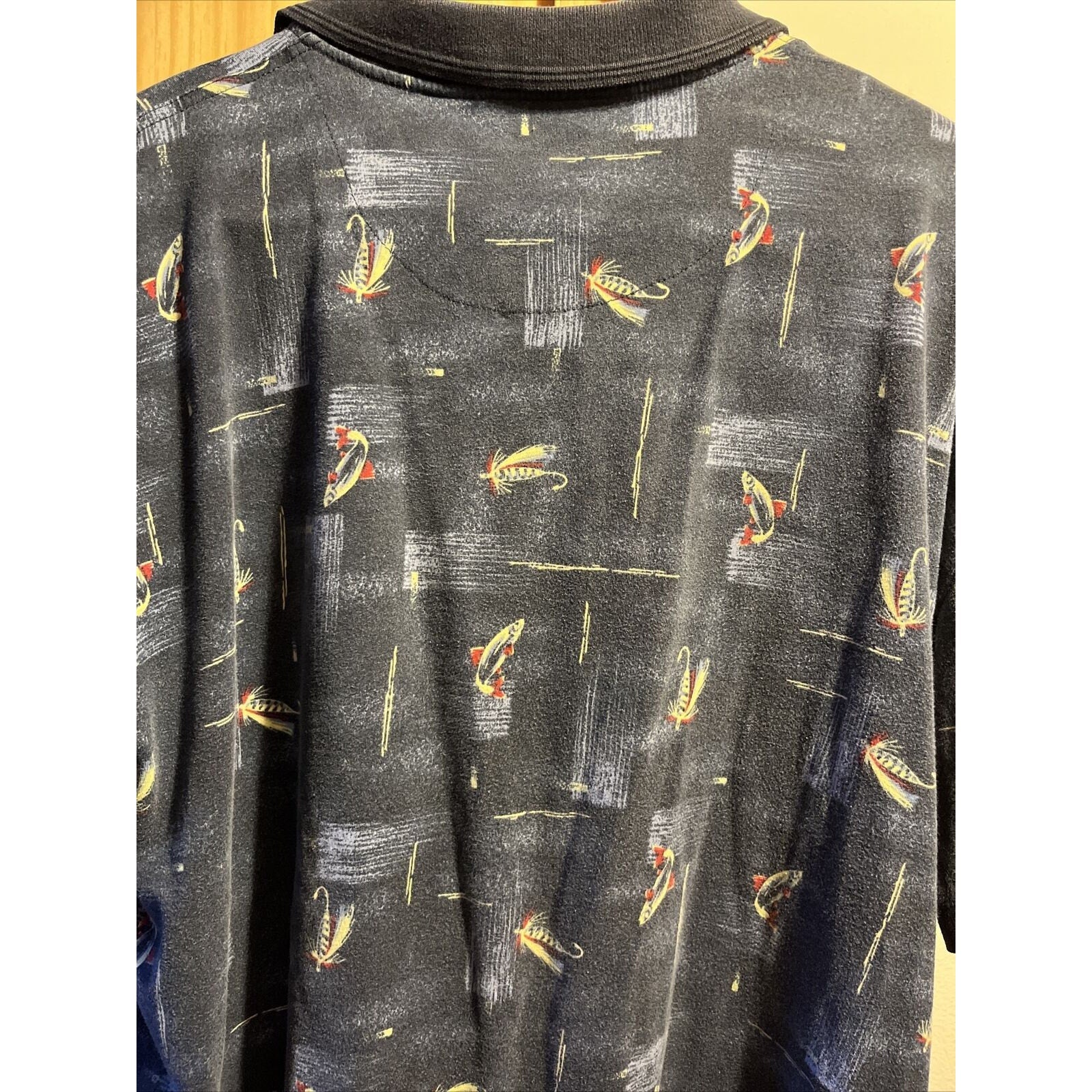 North Crest VTG Polo Shirt Men’s XL Navy Blue Fly Fishing Print SS Cotton Button