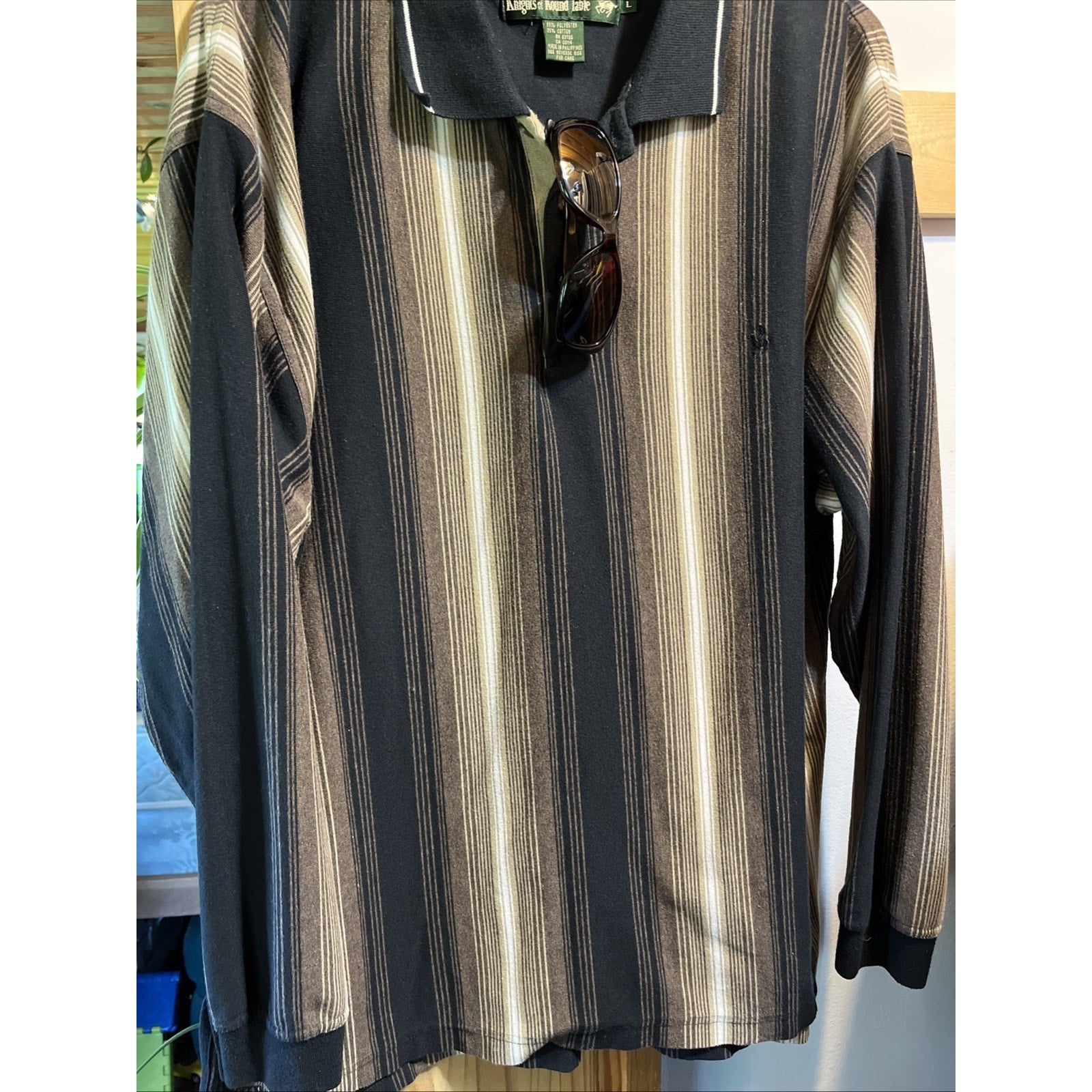 VTG Knights Round Table Shirt Adult M Polo LS Stripes Black Brown Tony Soprano