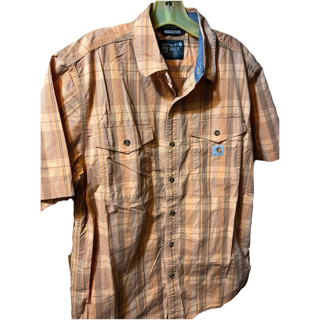 Carhartt Shirt Mens M Orange Plaid Rugged Flex Short Sleeve Button Hiking Fishin