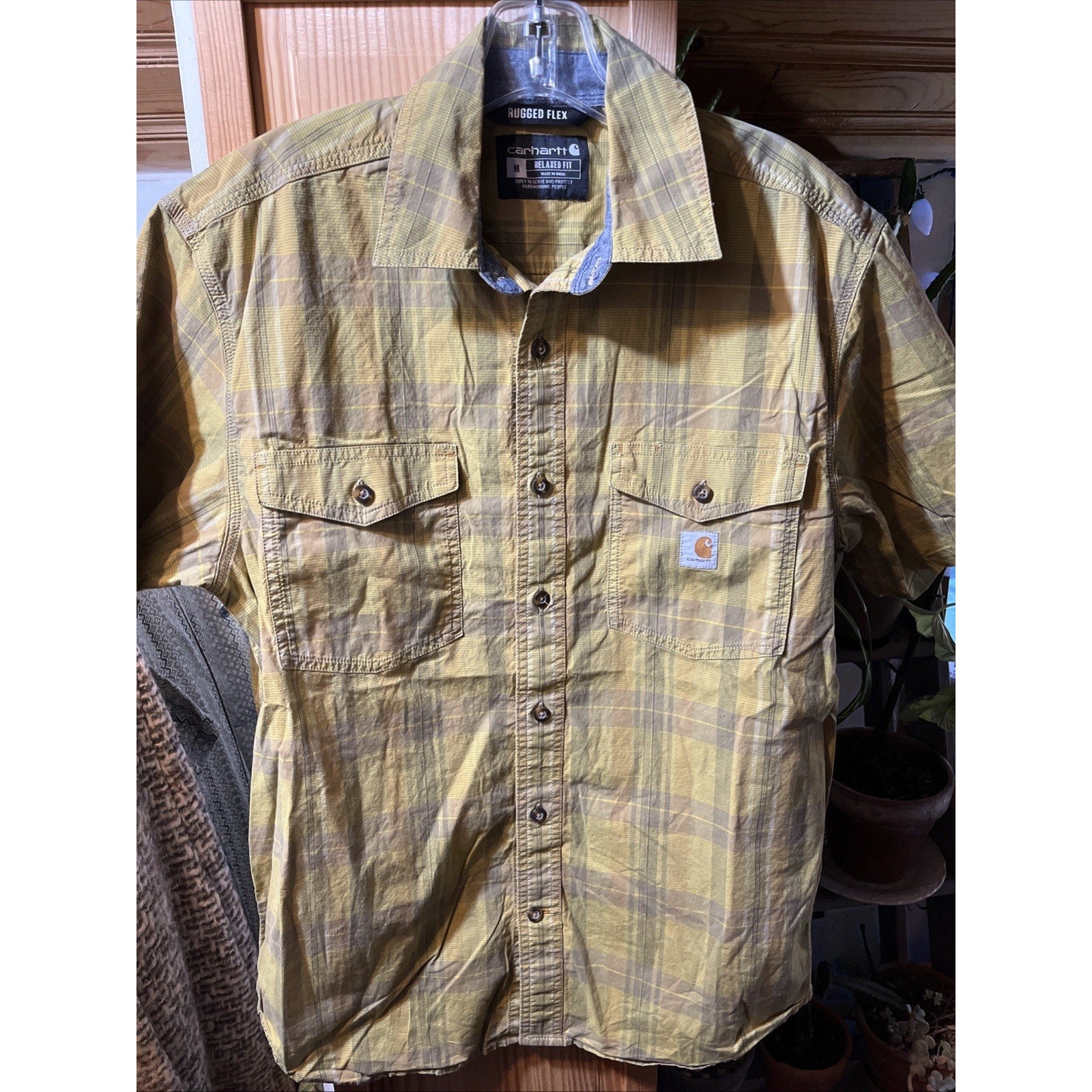 Carhartt Shirt Mens Medium Green Plaid Rugged Flex Short Sleeve Button Front