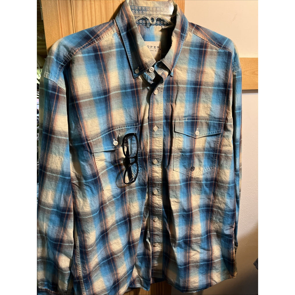 ROPER Shirt Mens Medium Blue Plaid Button Up Long Sleeve Rodeo Western Cowboy