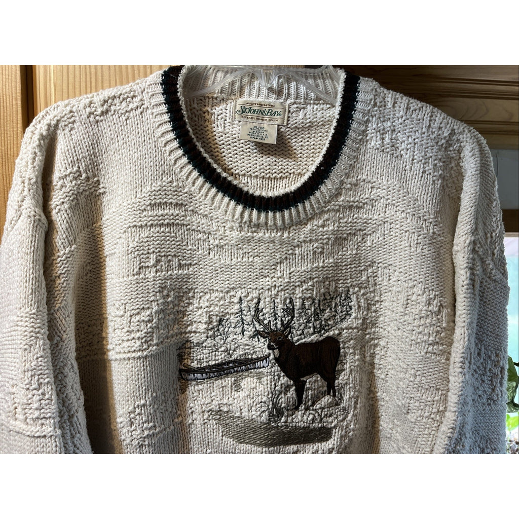 Vintage 90s St Johns Bay Knit Sweater XL White Deer Embroidered Nature USA