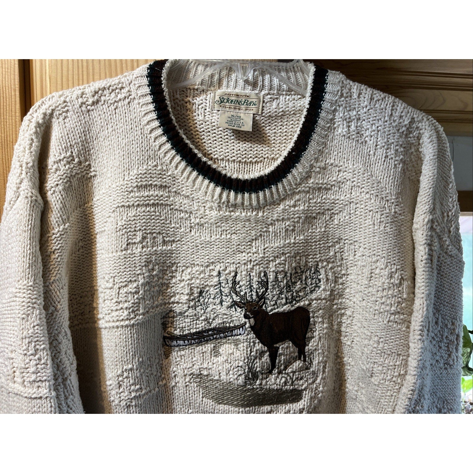 Vintage 90s St Johns Bay Knit Sweater XL White Deer Embroidered Nature USA