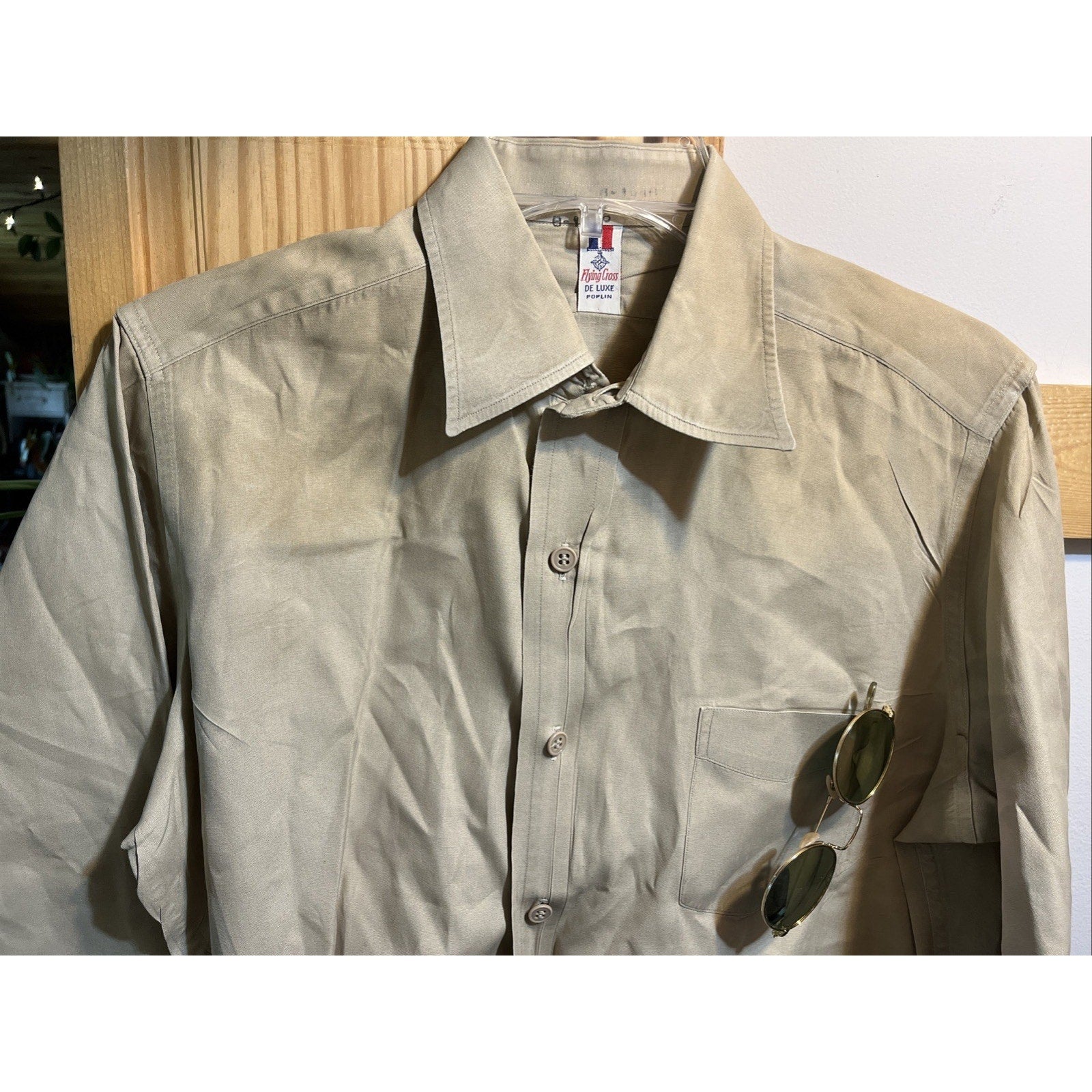 Vintage Flying Cross De Luxe Poplin Shirt SZ Small Khaki Long Sleeve Sanforized