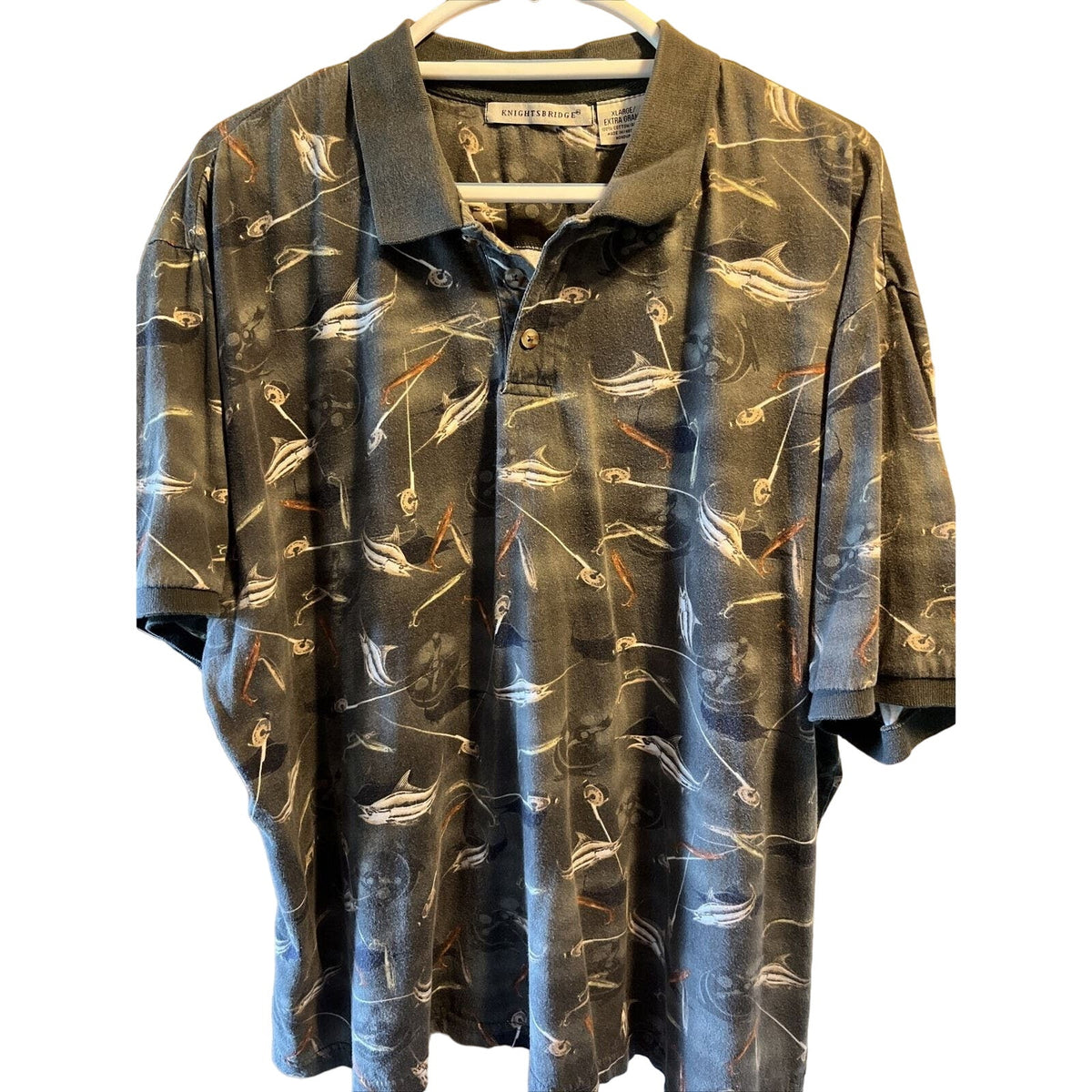 Knightsbridge VTG Shirt Mens Polo Gray Shirt Sz XL Fishing Flyrod EUC Swordfish
