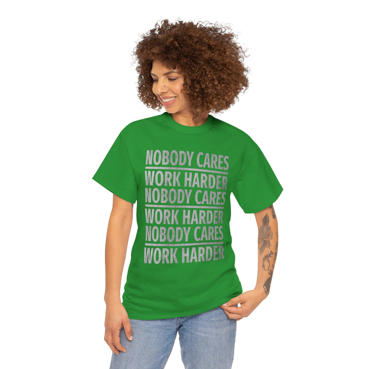 Nobody Cares Work Harder Graphic Print Short Sleeve Crew Unisex Heavy Cotton Tee