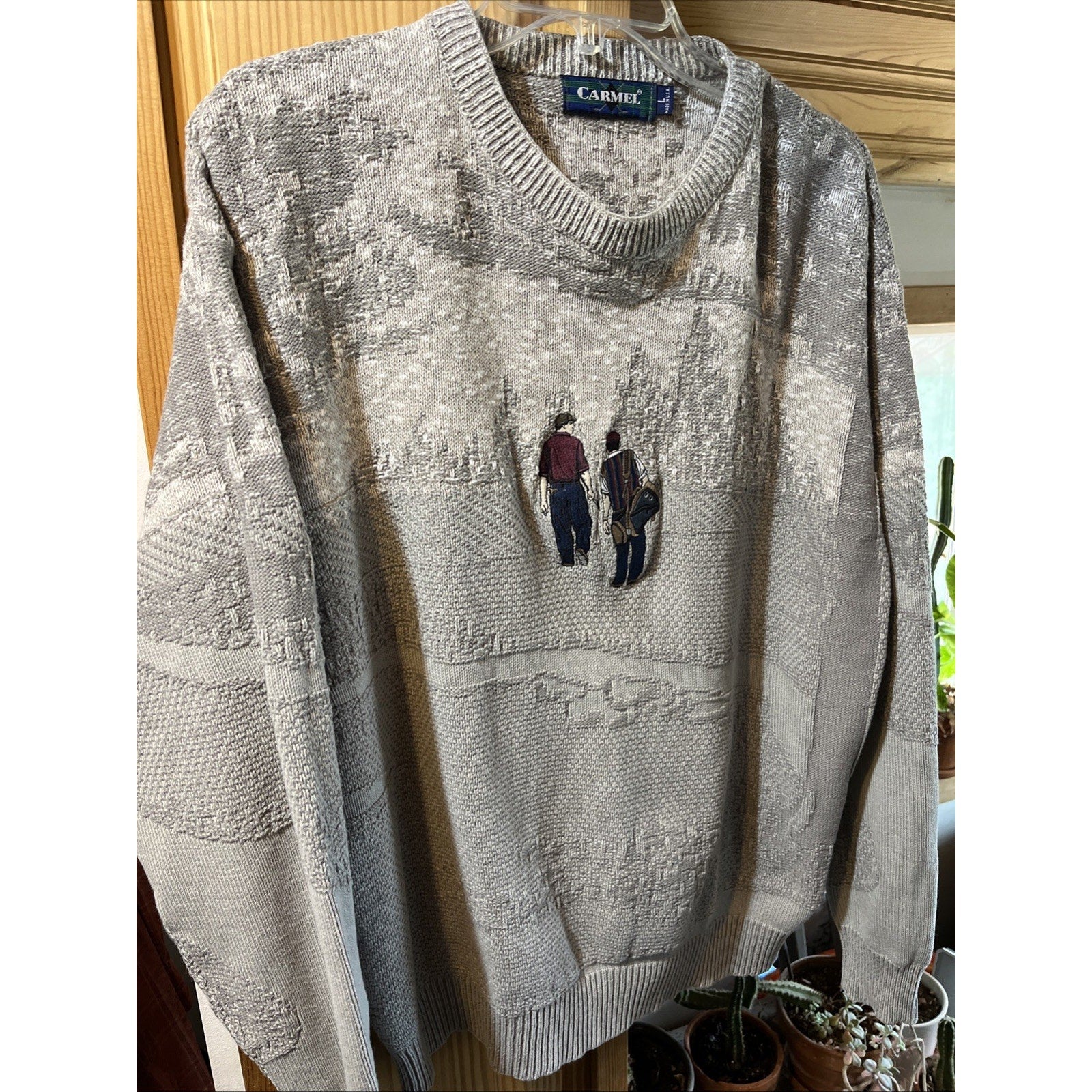 Vintage 90s Carmel Golf Embroidered Pullover Knit Sweater Size L Gray USA HOLE