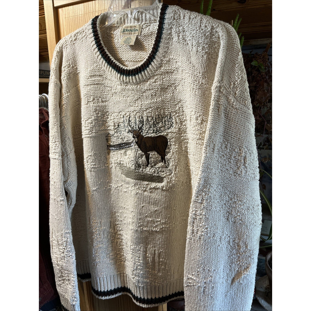 Vintage 90s St Johns Bay Knit Sweater XL White Deer Embroidered Nature USA