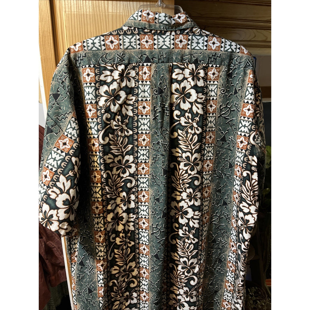 Malihini Vintage Men’s XXL Green Tribal Short Sleeve Button Up Hawaiian Shirt