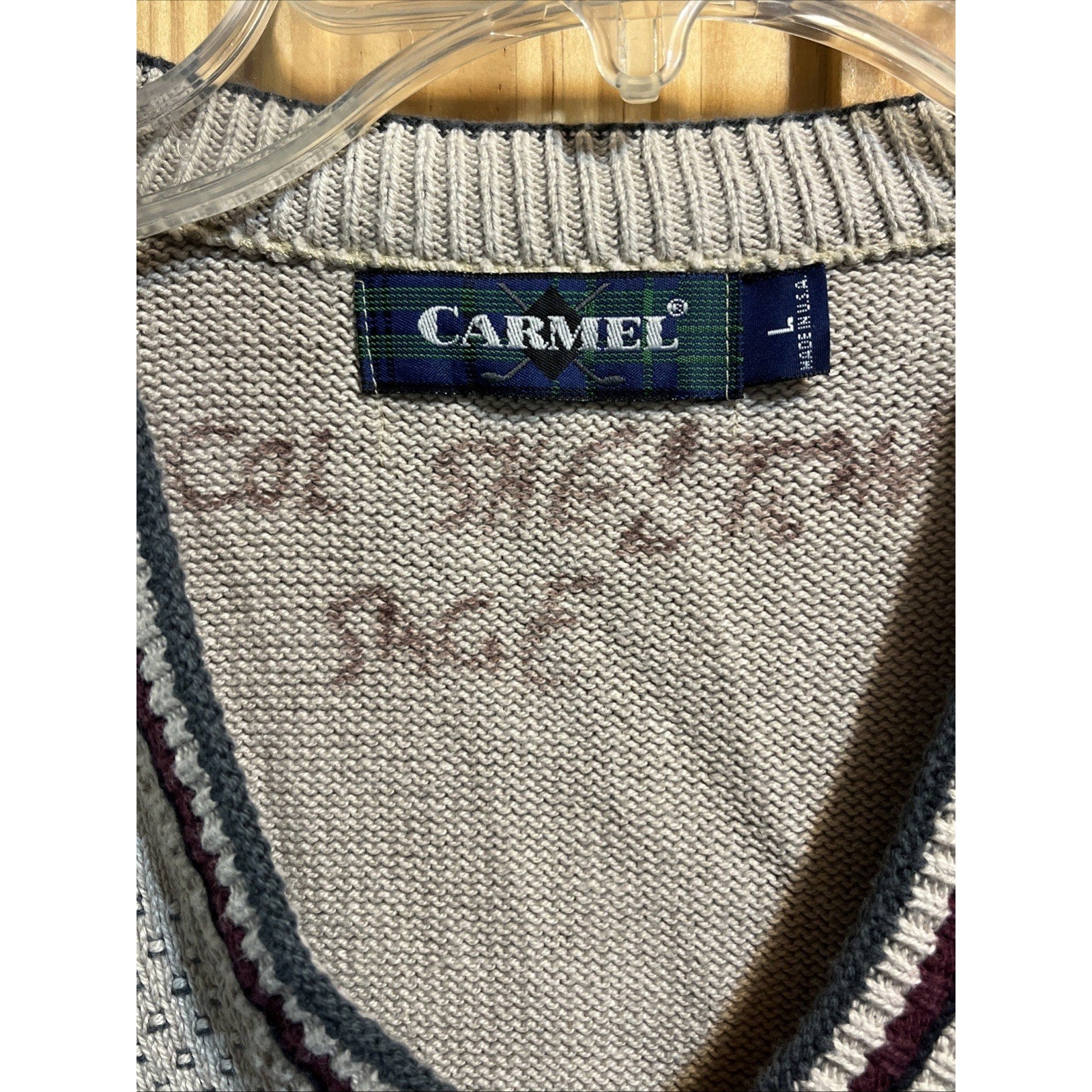 Vintage 90s Carmel Golf Embroidered Pullover Knit Sweater Size L Gray Beige USA