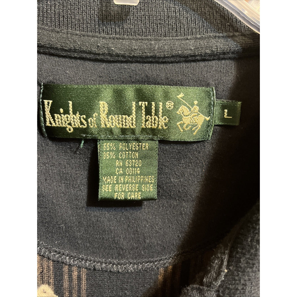 VTG Knights Round Table Shirt Adult M Polo LS Stripes Black Brown Tony Soprano