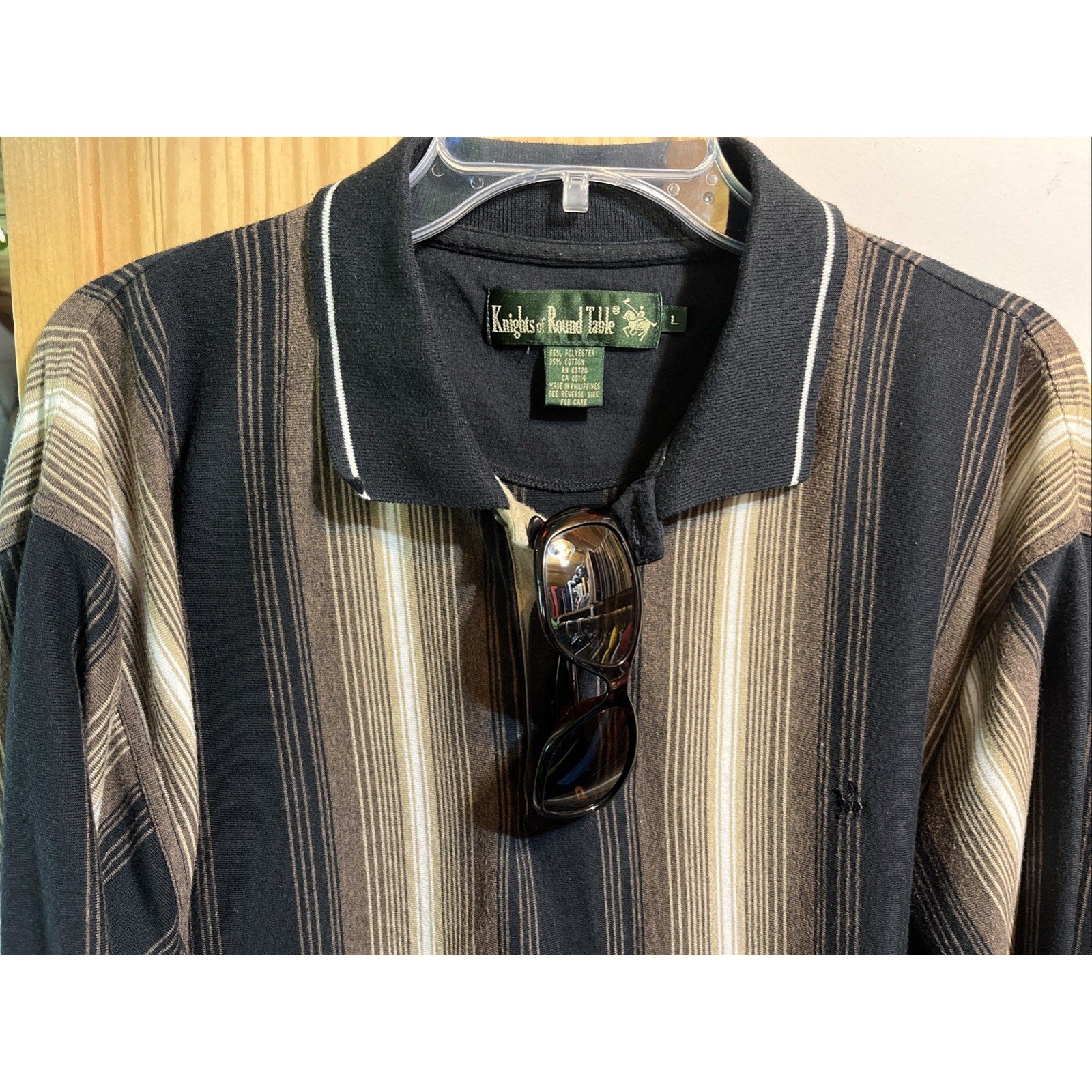 VTG Knights Round Table Shirt Adult M Polo LS Stripes Black Brown Tony Soprano