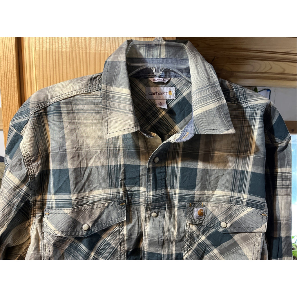 Carhartt Shirt Men L Blue Plaid Outdoor Relaxed Fit Snap Button Workwear Western