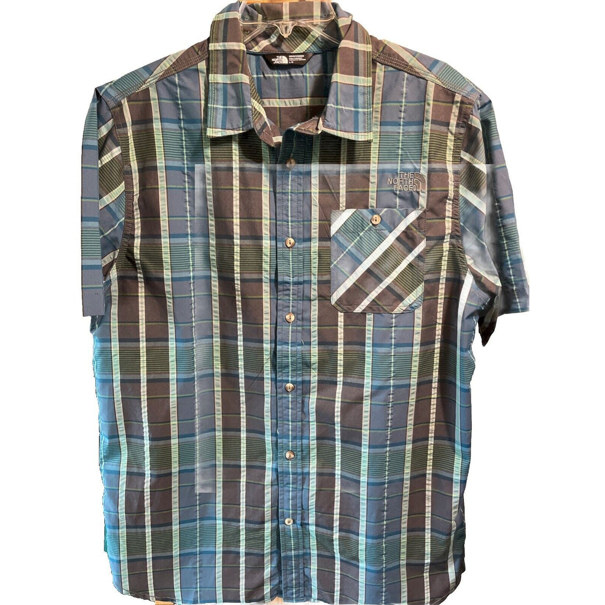 The North Face Men’s Shirt L Blue Plaid Button Up Short Sleeve Pocket Hiking EUC