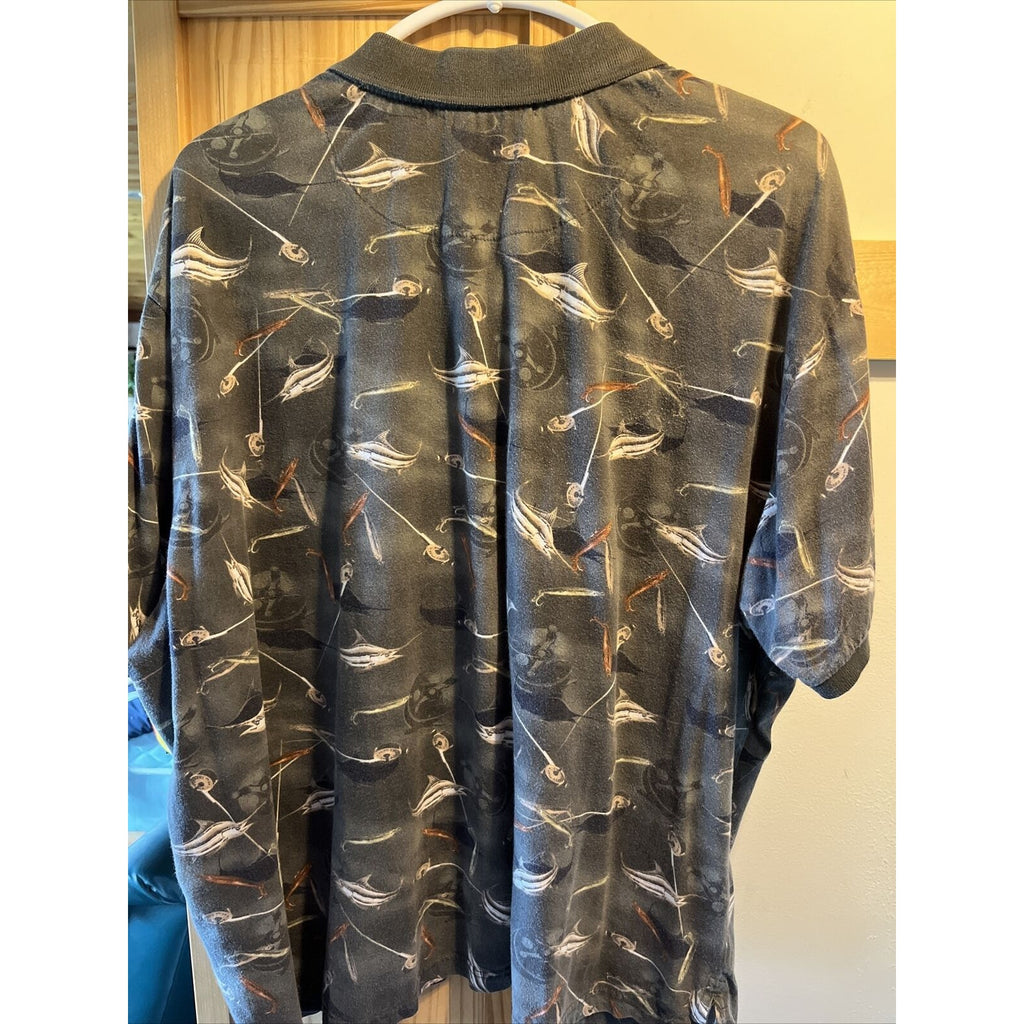 Knightsbridge VTG Shirt Mens Polo Gray Shirt Sz XL Fishing Flyrod EUC Swordfish