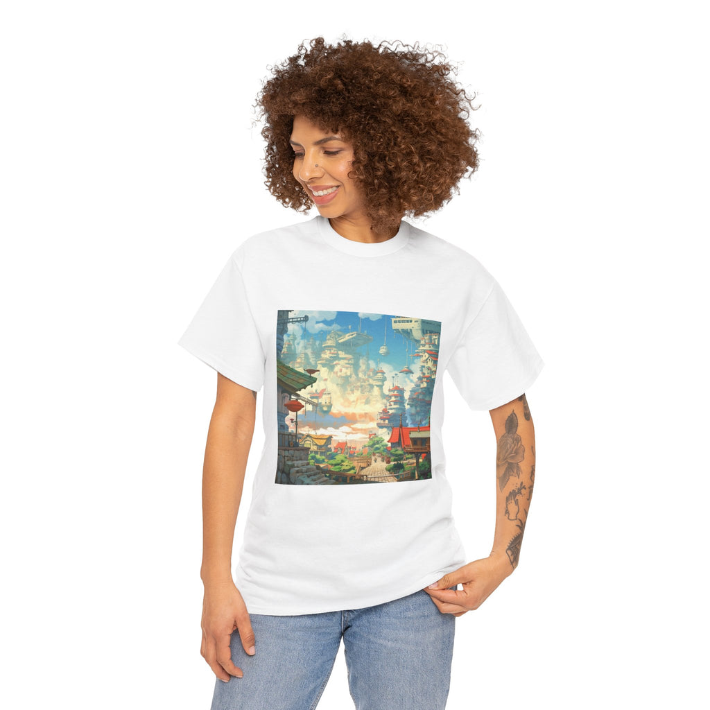 Studio Ghibli Style City Landscape Graphic Print Unisex Heavy Cotton Tee Shirt