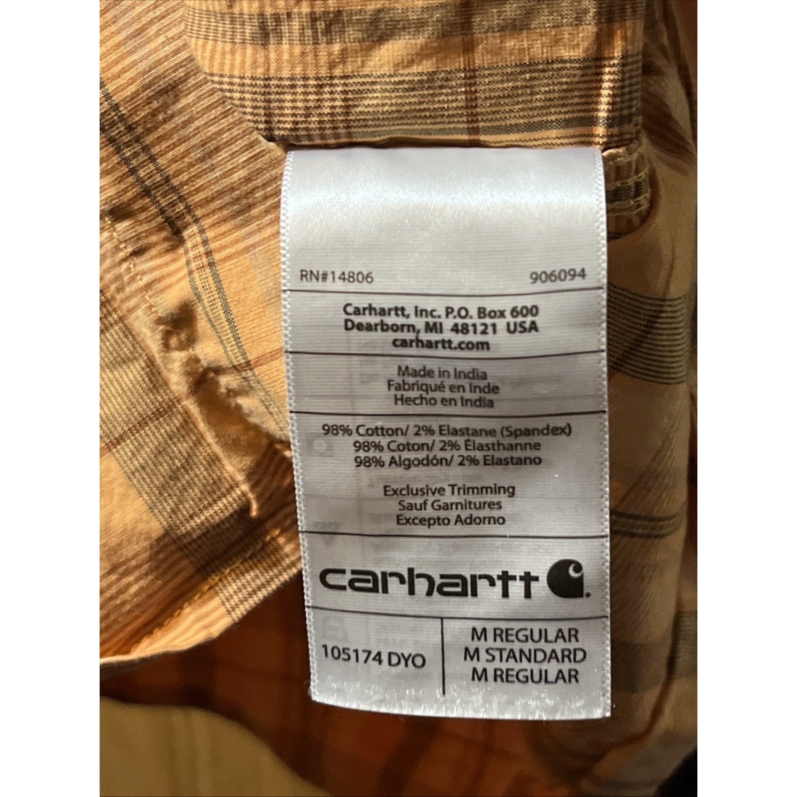 Carhartt Shirt Mens M Orange Plaid Rugged Flex Short Sleeve Button Hiking Fishin