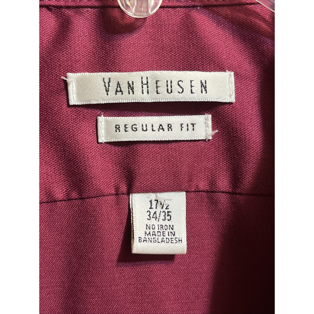 Van Heusen Mens Lux Sateen Red Long Sleeve Dress Shirt Size 17.5 34/35