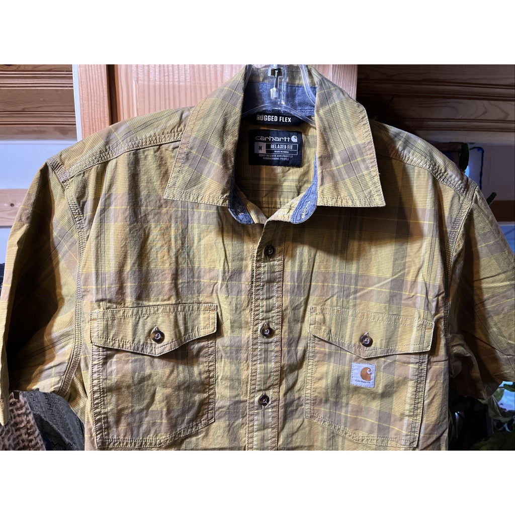 Carhartt Shirt Mens Medium Green Plaid Rugged Flex Short Sleeve Button Front
