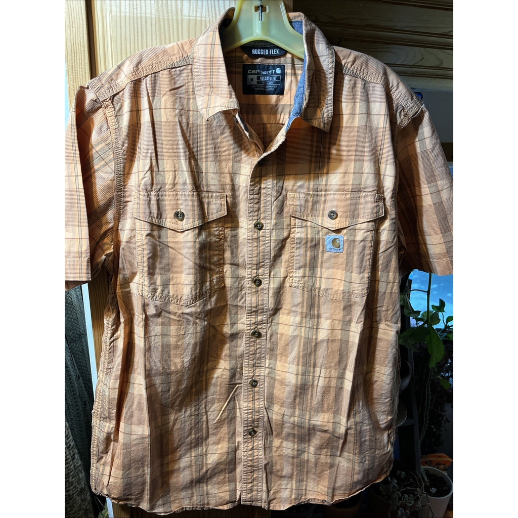 Carhartt Shirt Mens M Orange Plaid Rugged Flex Short Sleeve Button Hiking Fishin