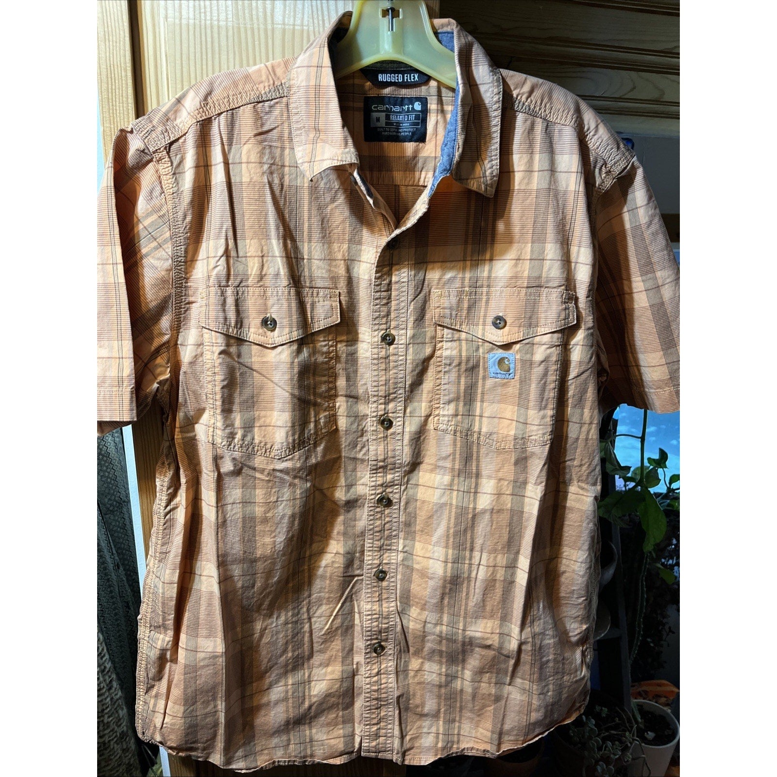 Carhartt Shirt Mens M Orange Plaid Rugged Flex Short Sleeve Button Hiking Fishin