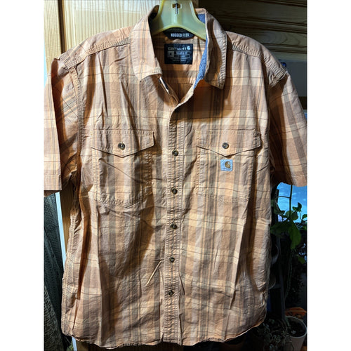 Carhartt Shirt Mens M Orange Plaid Rugged Flex Short Sleeve Button Hiking Fishin