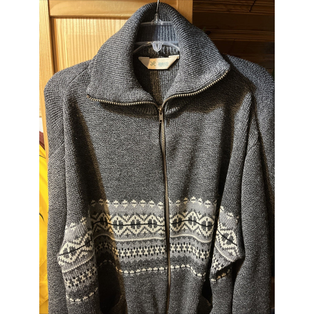 Haband Full Zip Cardigan L Mock Neck Gray Nordic Sweater Pockets Acrylic LS VTG