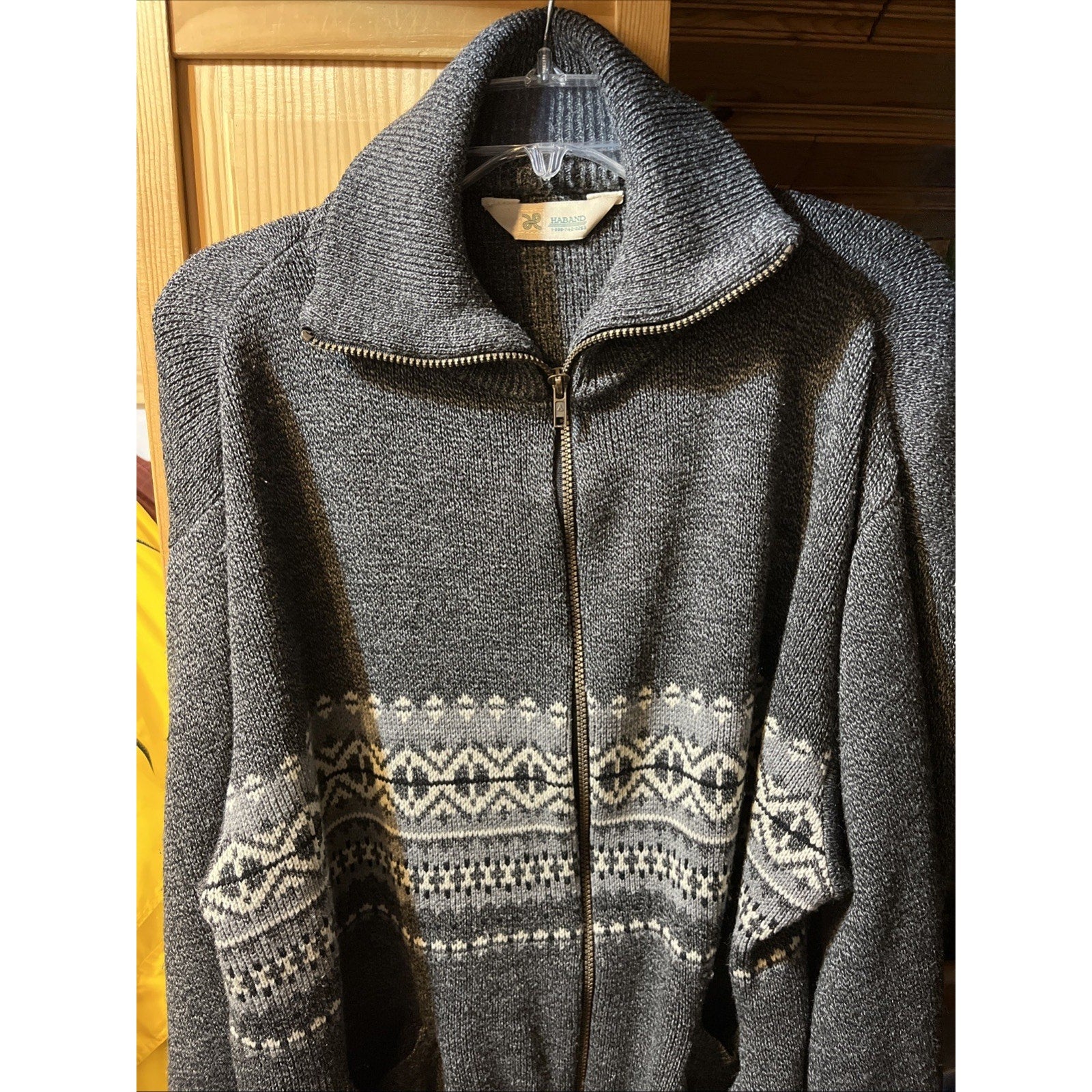 Haband Full Zip Cardigan L Mock Neck Gray Nordic Sweater Pockets Acrylic LS VTG