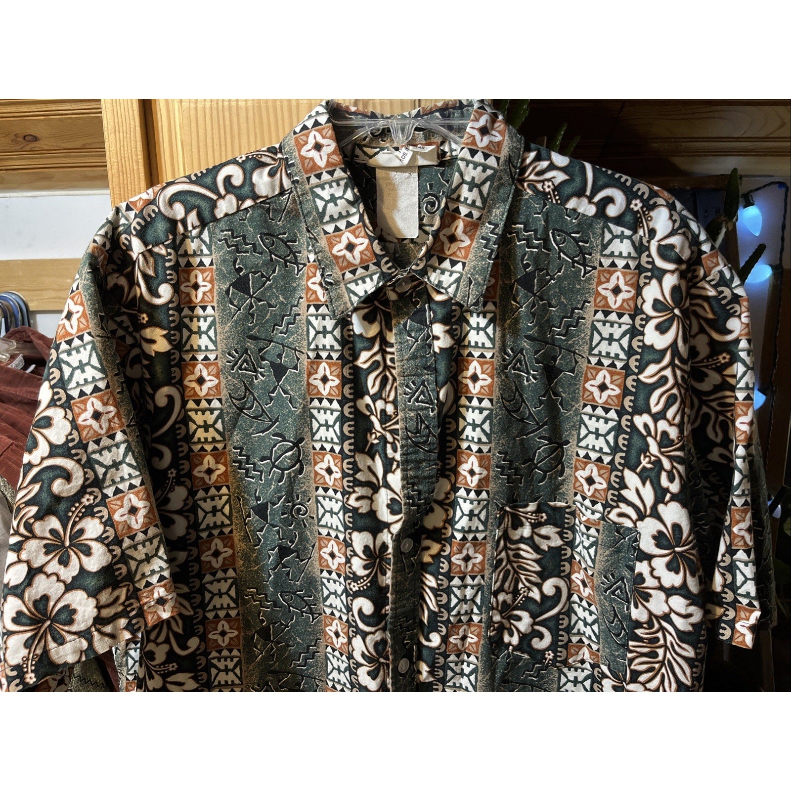 Malihini Vintage Men’s XXL Green Tribal Short Sleeve Button Up Hawaiian Shirt