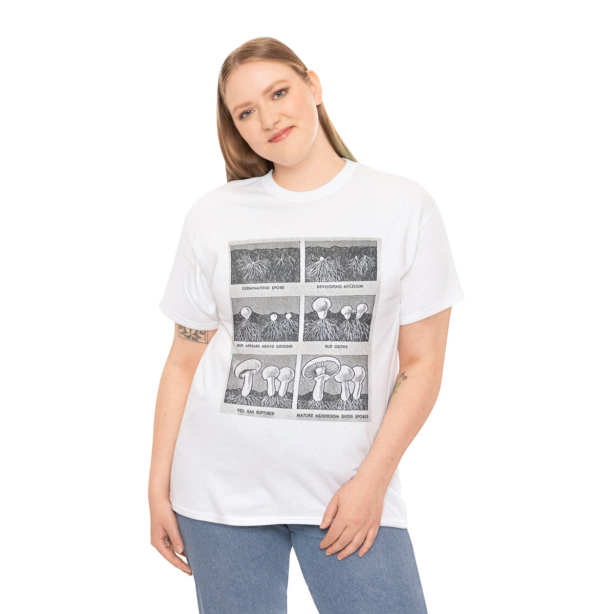 Mushroom Growth Cycle Graphic Print Short Sleeve Unisex Heavy Cotton Tee Shirt
