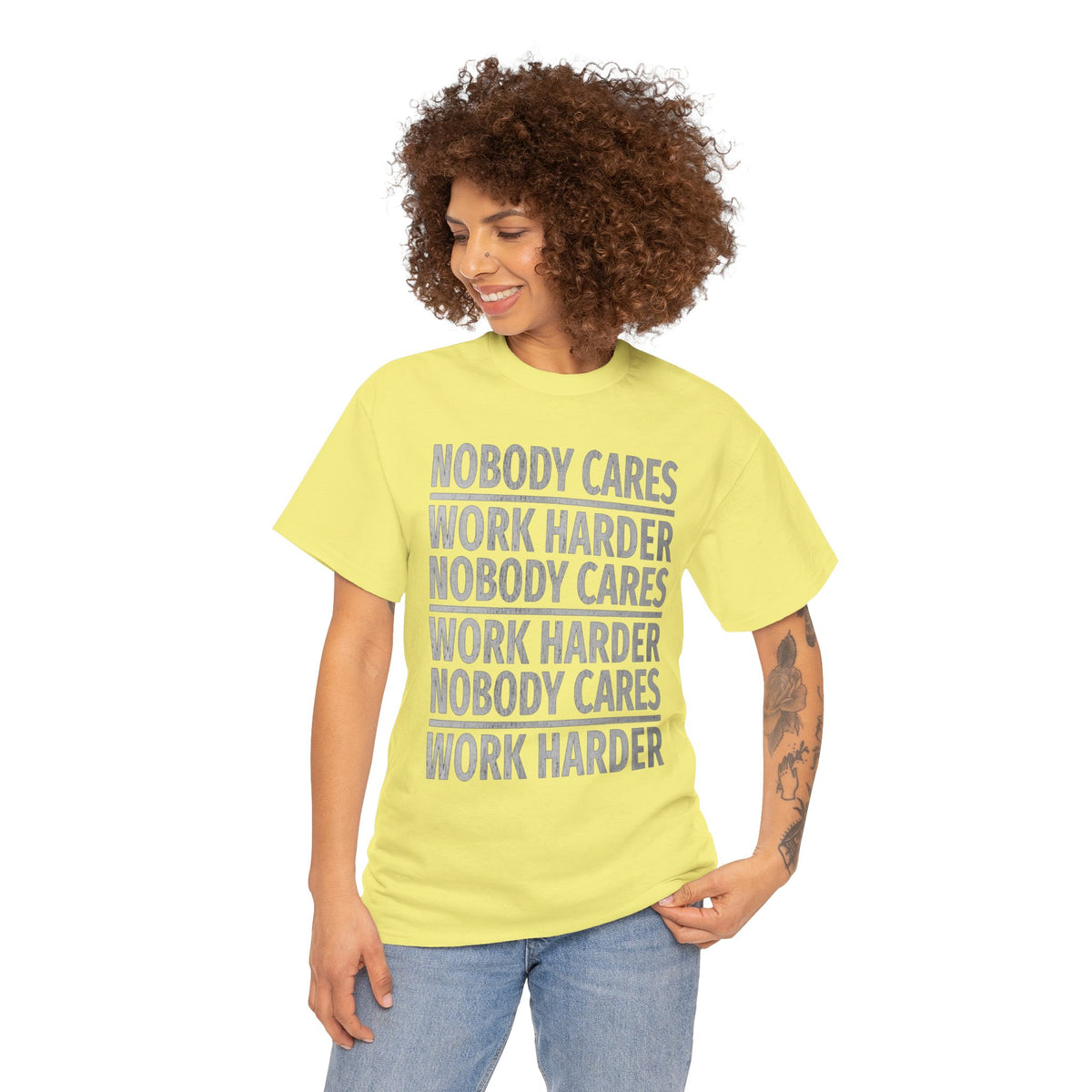 Nobody Cares Work Harder Graphic Print Short Sleeve Crew Unisex Heavy Cotton Tee