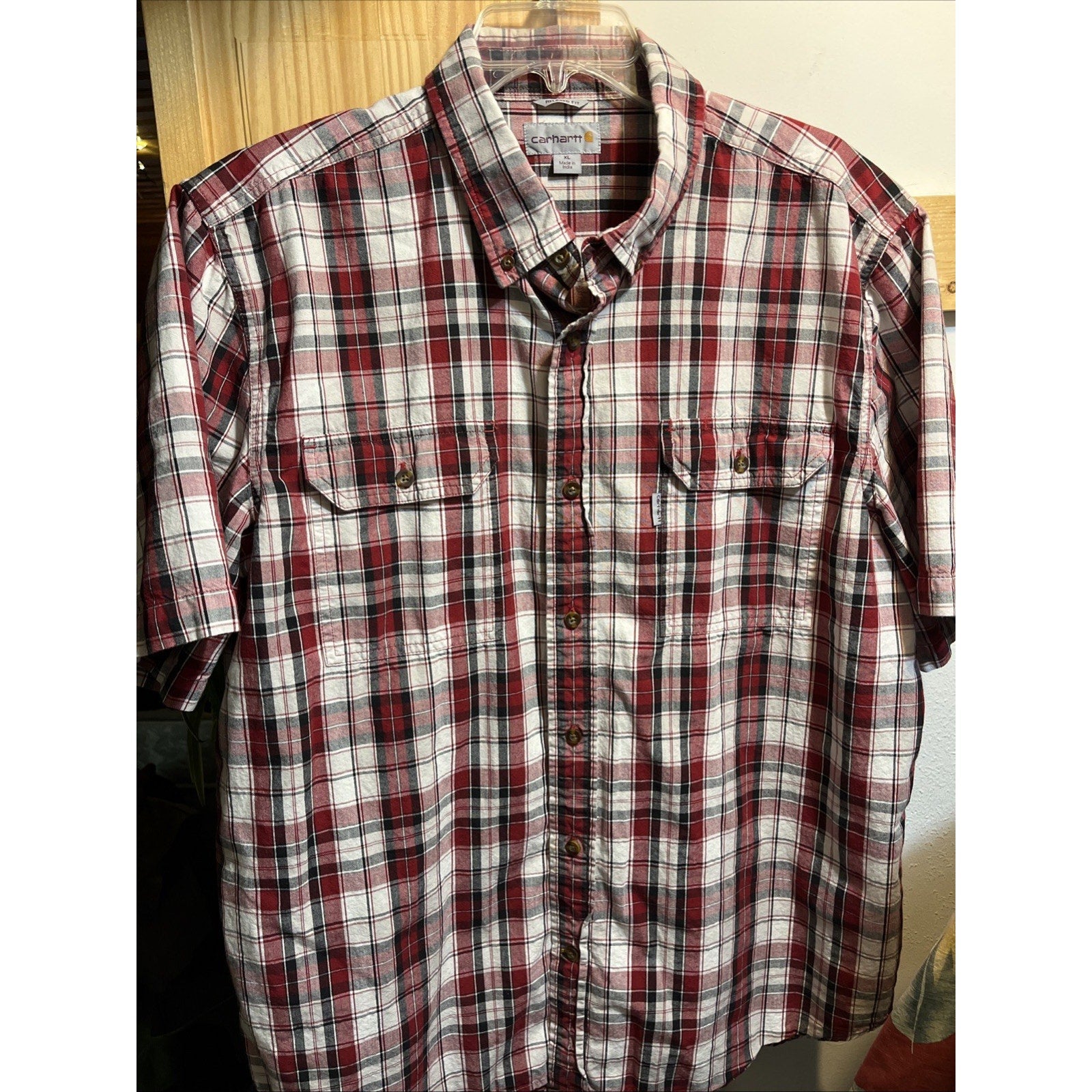 Carhartt Mens XL Red Button Up Short Sleeve Shirt Relaxed Fit Plaid Cotton